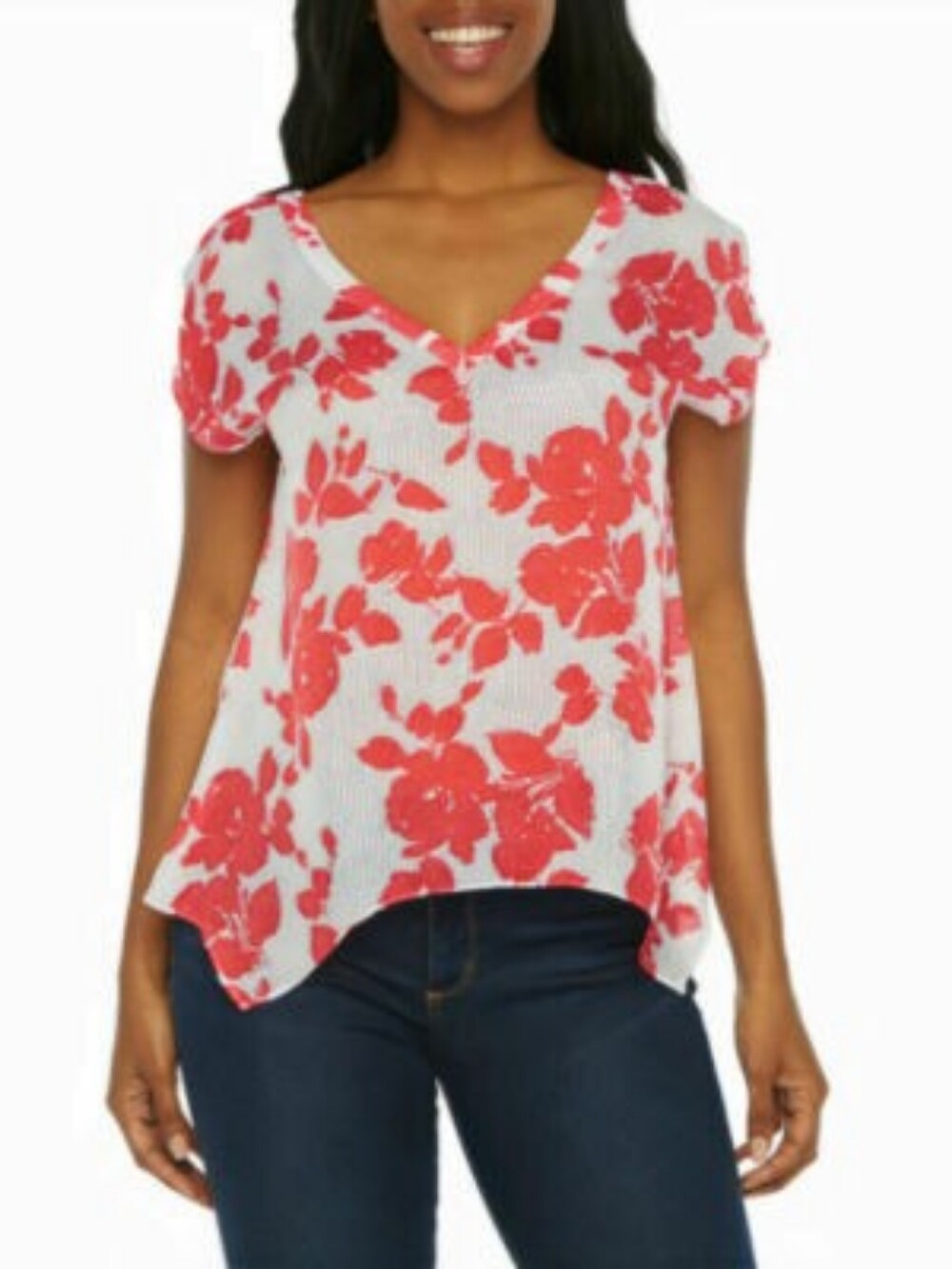 Bold Elements Cut to Curve Floral Chiffon Blouse Red White Strappy Back XL